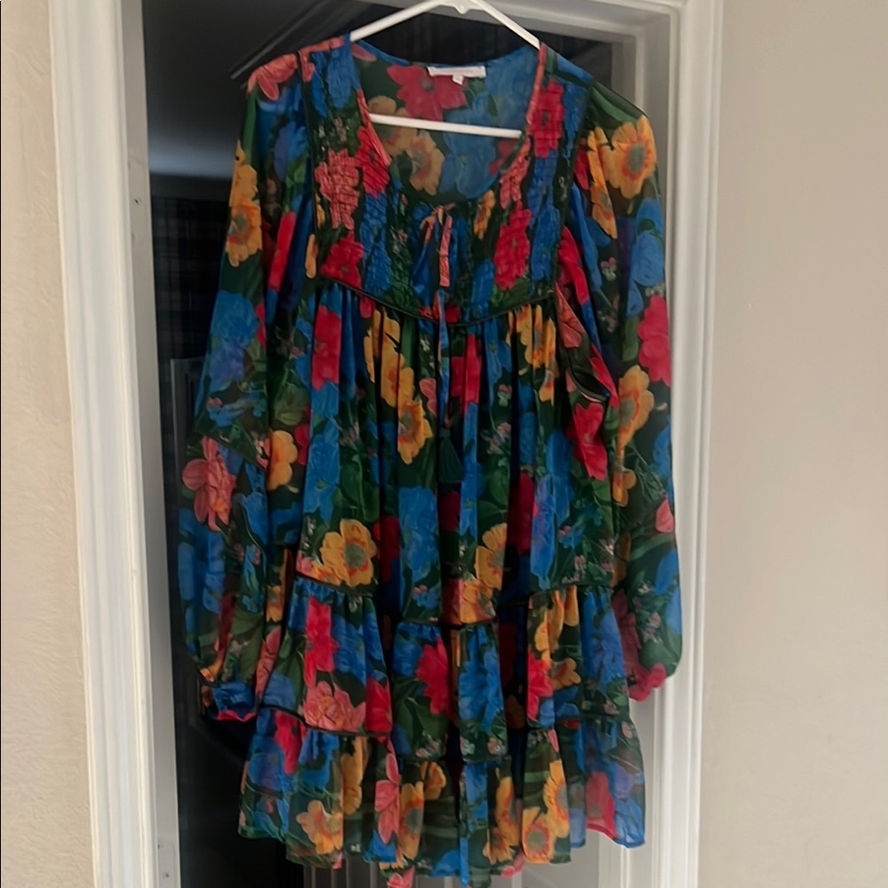 Dress royal blue floral smocking and elastic sleeves tie in the front